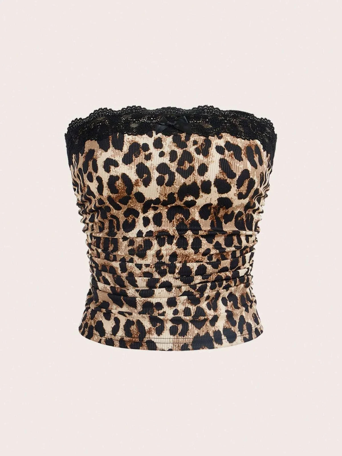 Lace Trim Leopard Printing Rib-Knit Strapless Bandeau Top