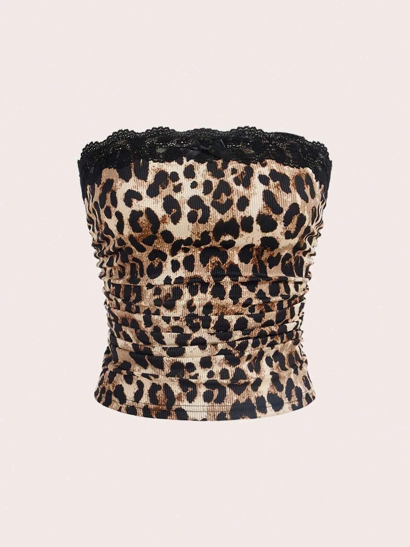 Lace Trim Leopard Printing Rib-Knit Strapless Bandeau Top