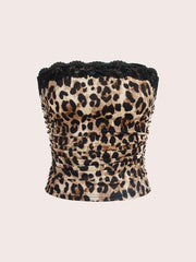 Lace Trim Leopard Printing Rib-Knit Strapless Bandeau Top