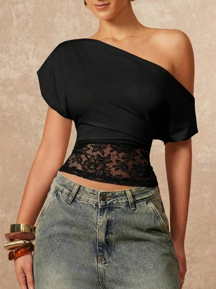 One Shoulder Lace Hem Fitted Crop Top