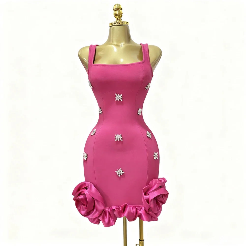 Sexy 3D Floral Bodycon Rhinestone Mini Dress