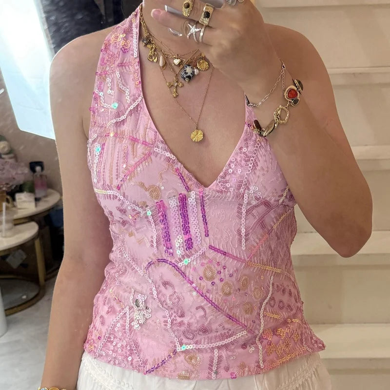 Y2k Colorful Sequin Halter Tank Tops