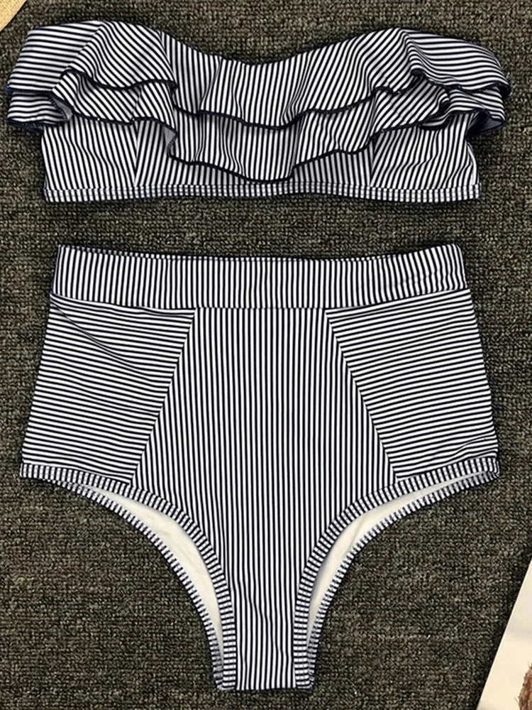 Striped Top Ruffle High Waist Bikini