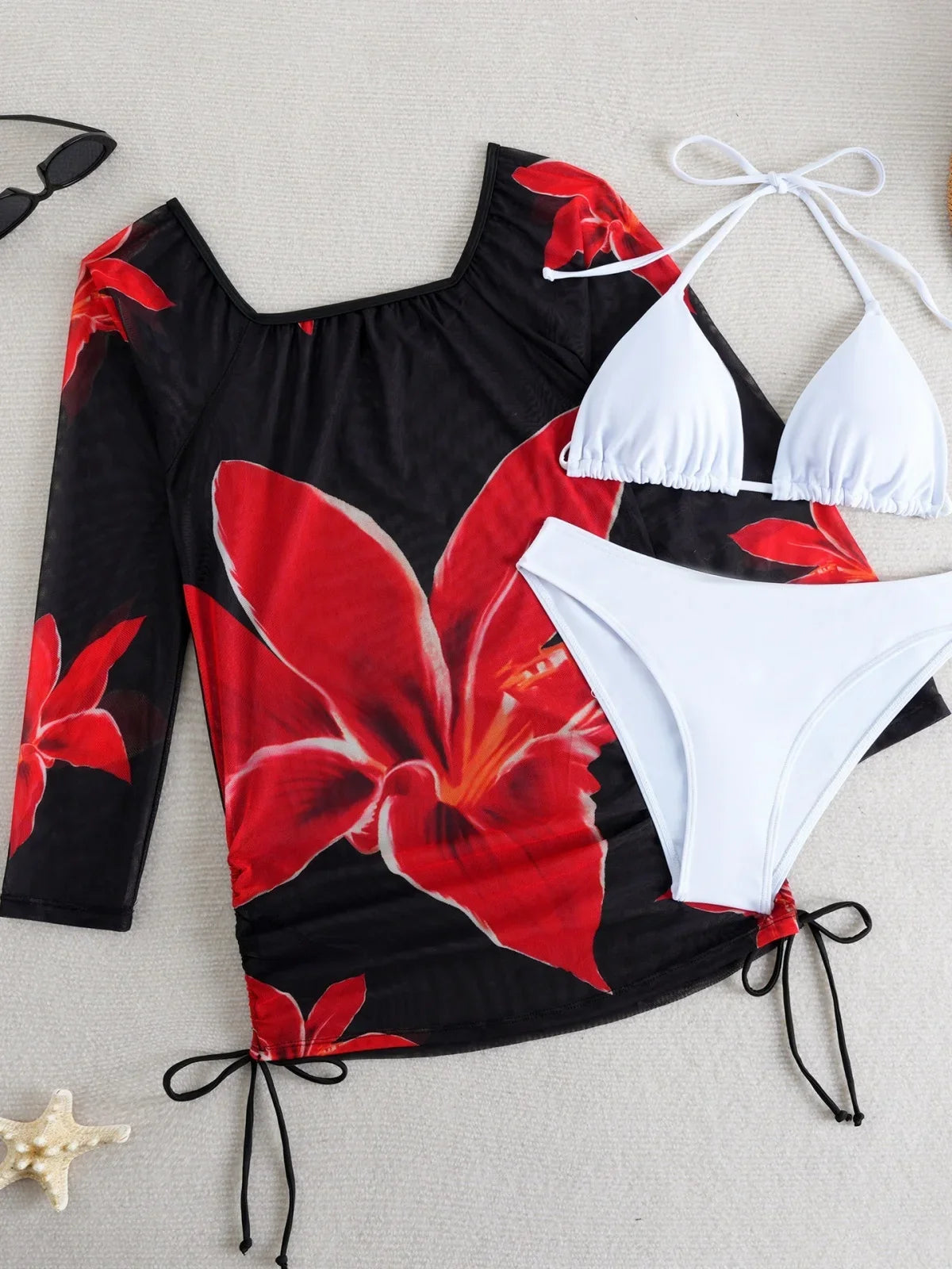 Sexy White Red Floral Print Bikini Set