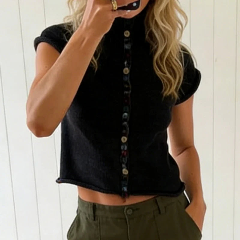 Vintage Buttons Short Sleeve Sweater T-shirt Slim Fit High Neck Knitted Tees Y2K Preppy Cute Crop Top