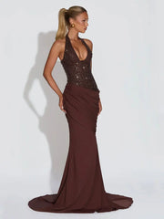 Sequins Halter Back Lace-up Sexy Maxi Dress