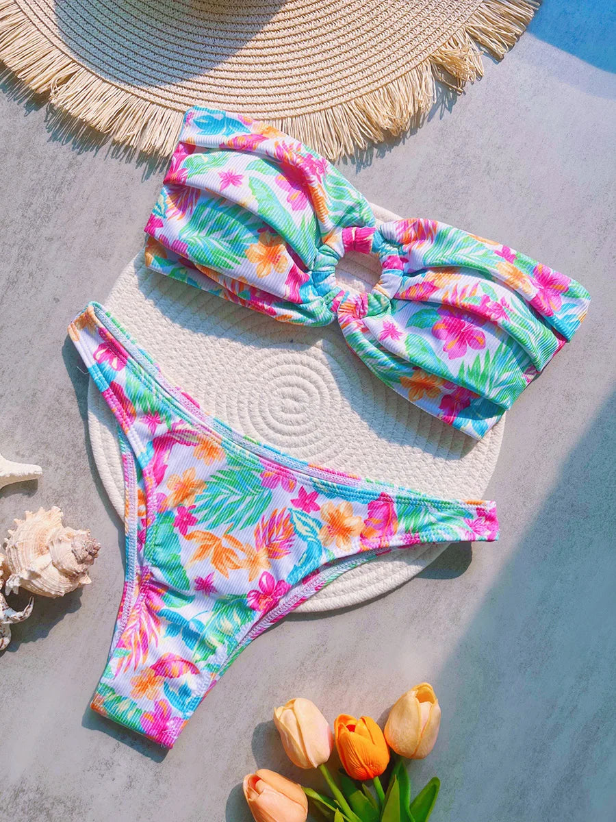 Floral Printed Wrinkled Bandeau Bikini