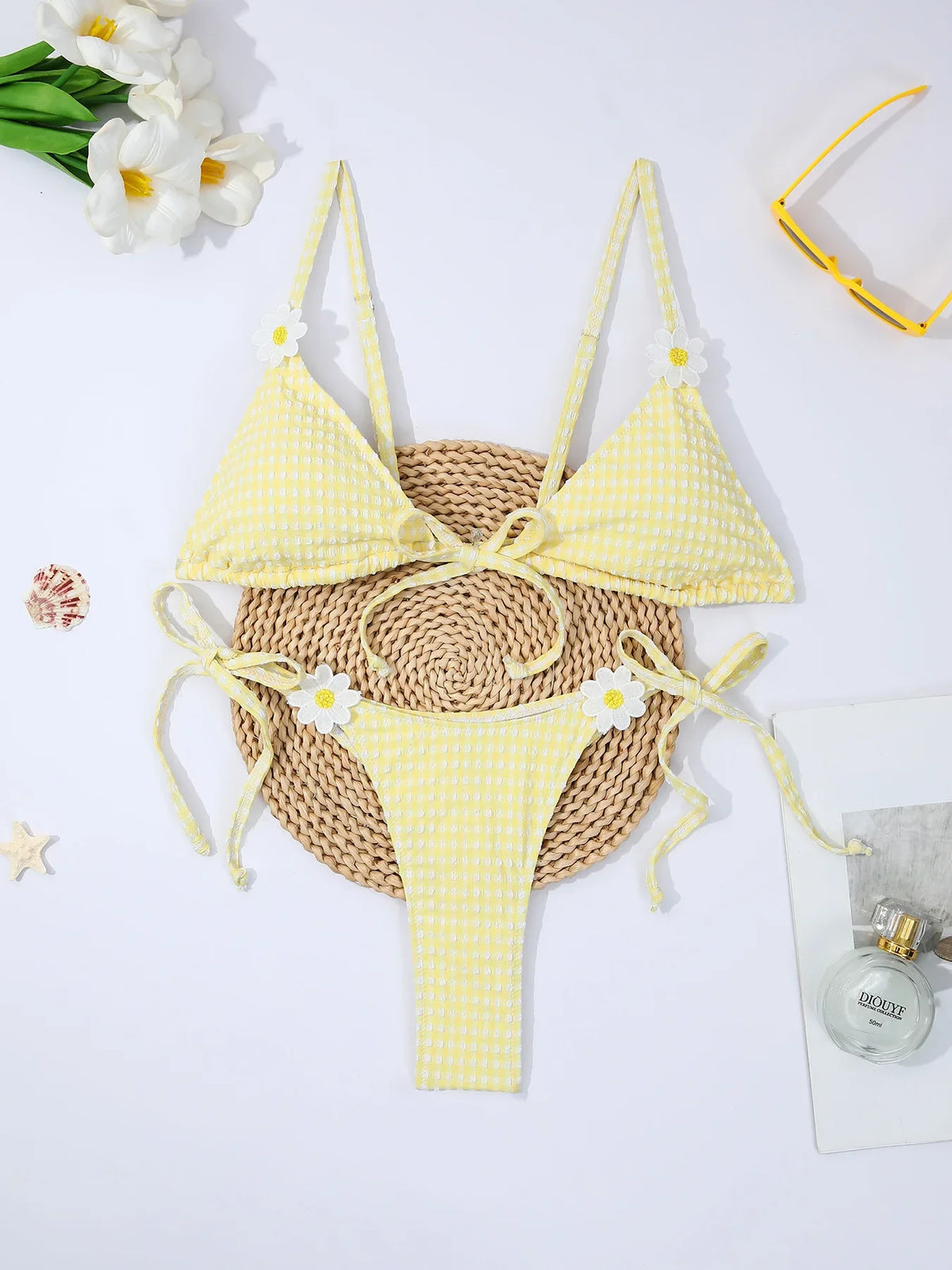 Sexy Yellow 3D Flower Bikini Set