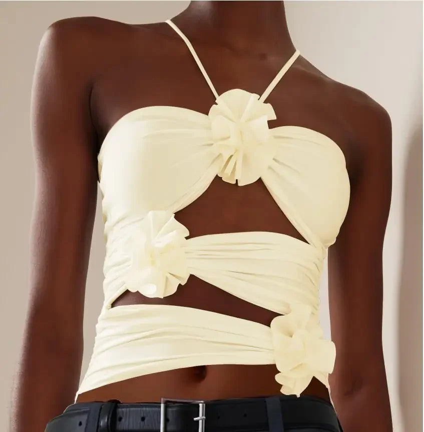 3D Floral Strap Crop Tops