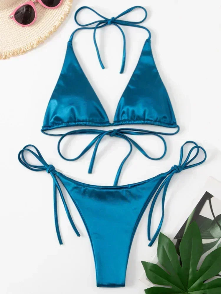 Wrap Around Halter Metallic Satin Bikini