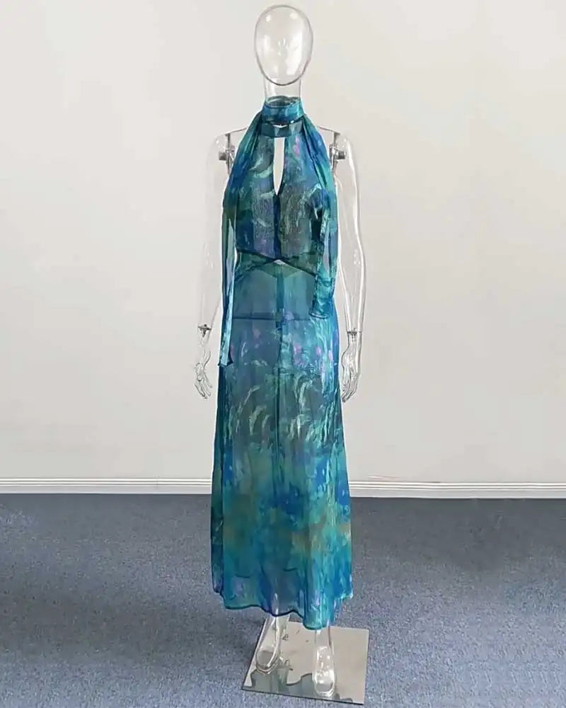 Sexy Print Halter Long Dress