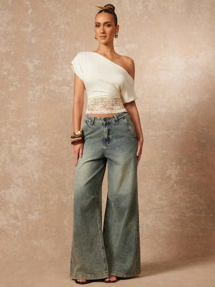 One Shoulder Lace Hem Fitted Crop Top