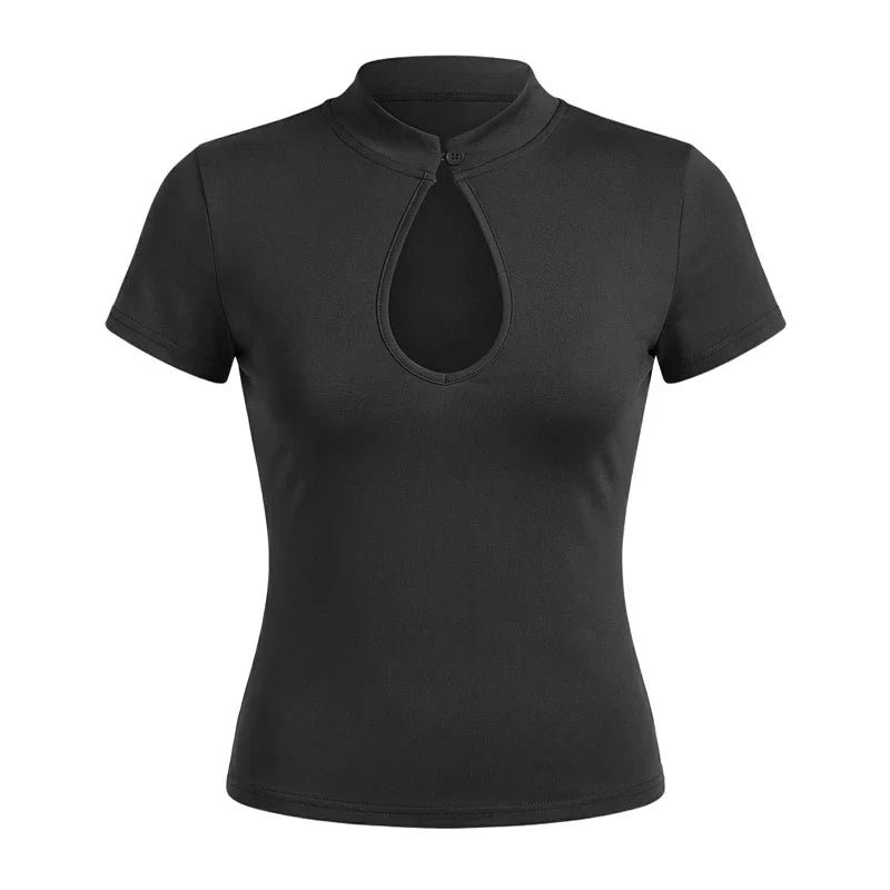 Women's Trendy Cut Out Short Sleeve Basic T-Shirt Sexy Vintage Keyhole Neck Crop Tops