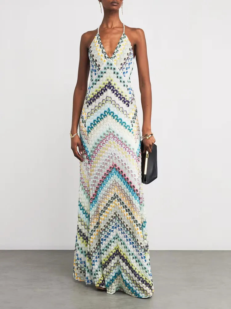 Sexy Print V Neck Halter Maxi Dress