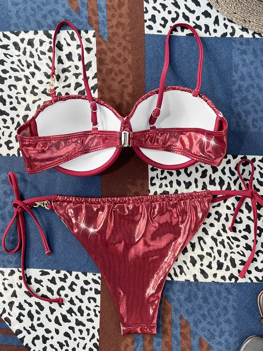 Shiny PU Leather Underwired Bra Cup Bikini