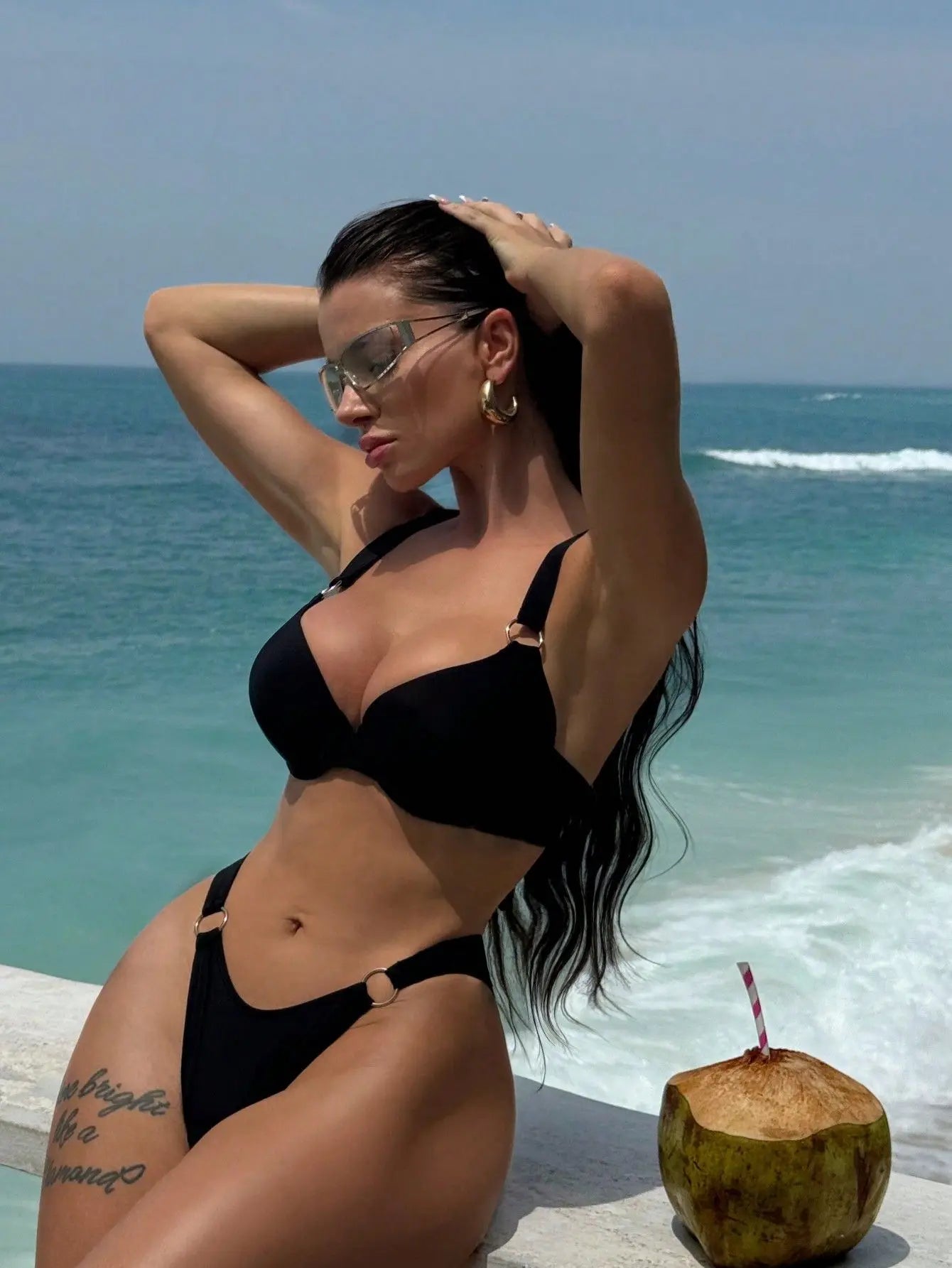 Sexy Black Swimwear Metal Ring Push Up Padded Bra Bikini Set
