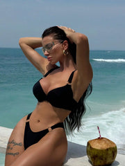 Sexy Black Swimwear Metal Ring Push Up Padded Bra Bikini Set