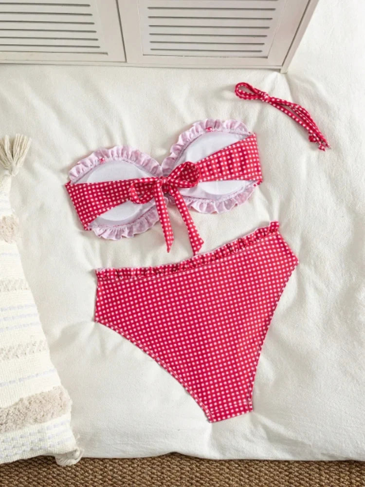 Vintage Coffee Plaid Print Bikini Set