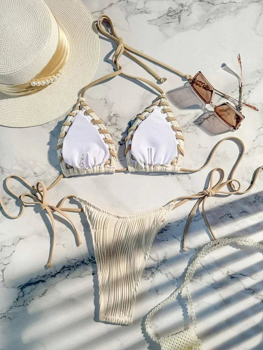 Halter Wrinkled Weaved Bikini