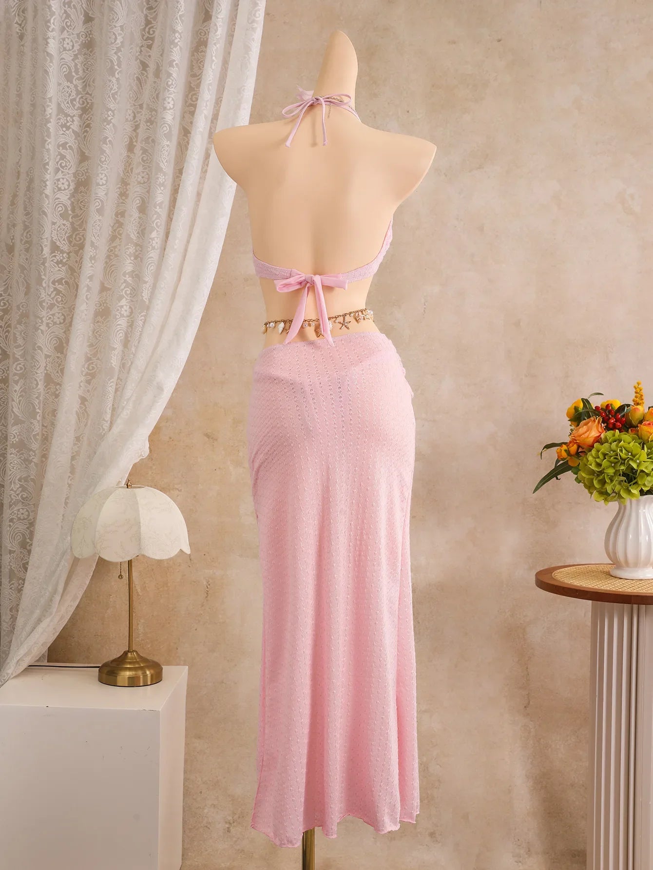 Sexy Pink Mesh Mermaid Skirt 3 Piece Bikini Set