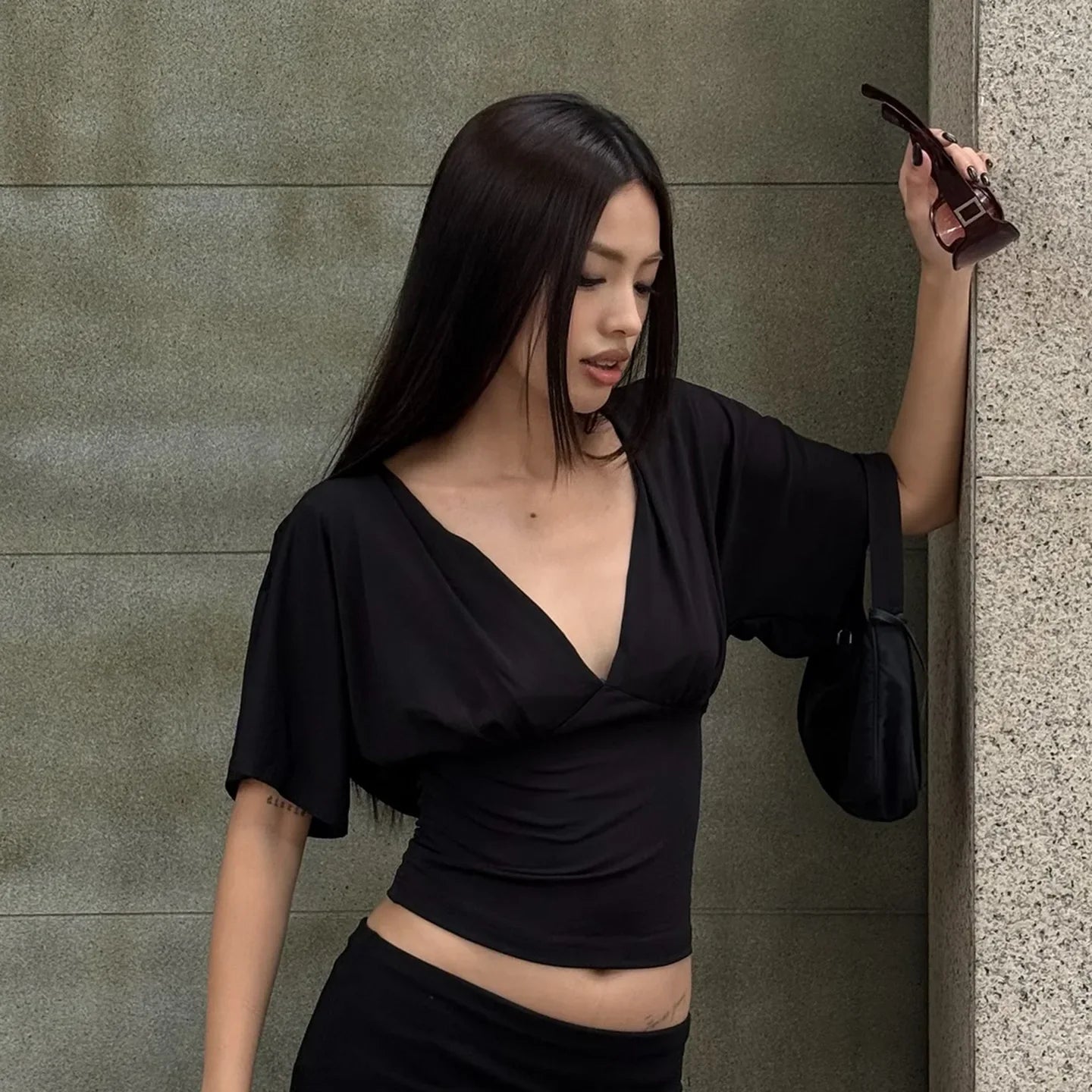 Women's Lace Patchwork Deep V Neck Tie Up Slim Fit Half Sleeve T-Shirt Crop Top
