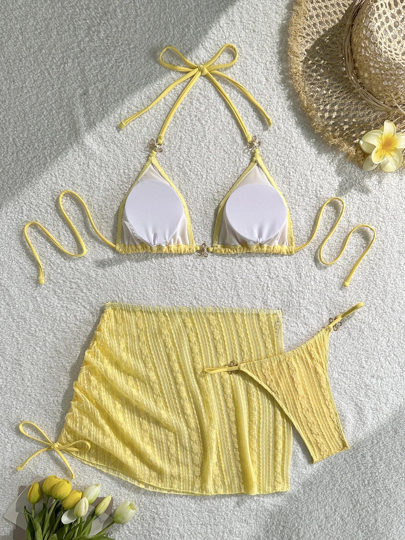Sexy Drawstring Pleate Skirt 3 Piece Bikini Set