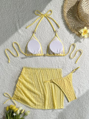 Sexy Drawstring Pleate Skirt 3 Piece Bikini Set