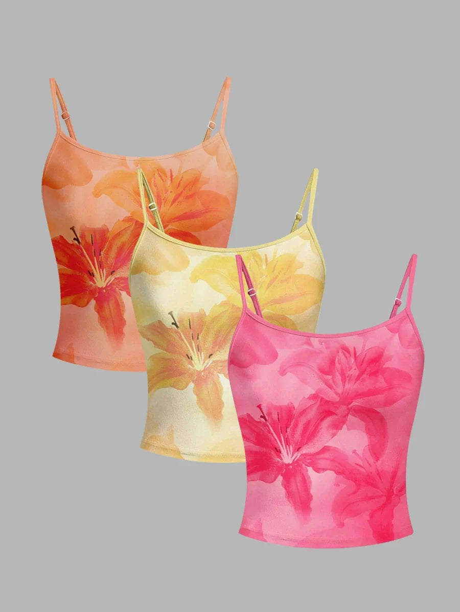 3 Pack Watercolor Lily Print Crop Cami Top