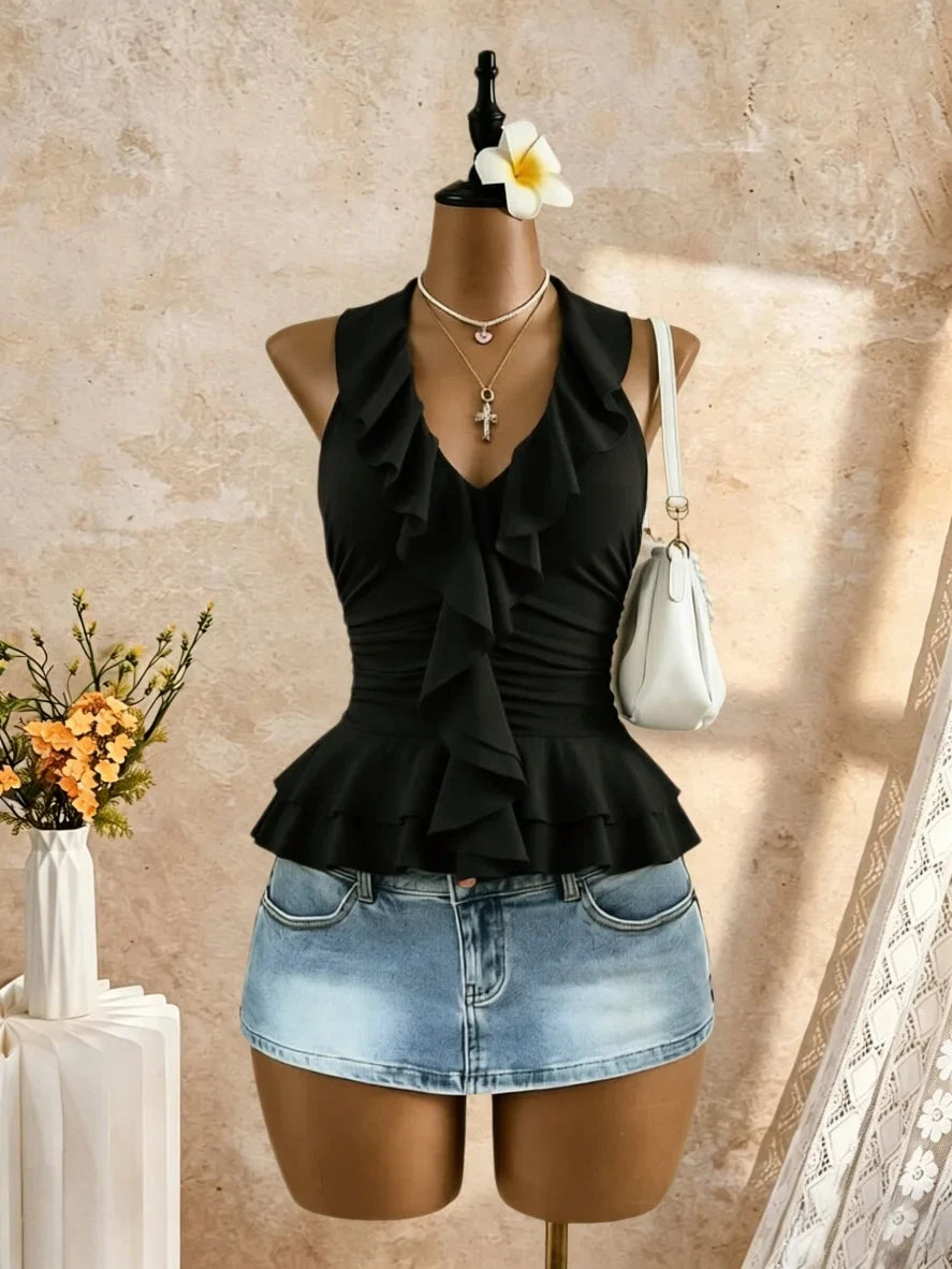 Halter V Neck Ruffle Trim Ruched Waist Peplum Hem Slim Fit Crop Cami Top