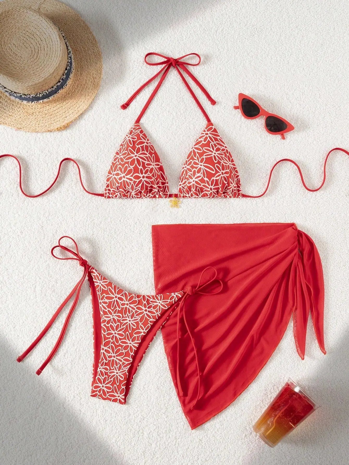 Sexy Red Mesh Cover Up 3 Piece Bikini Set