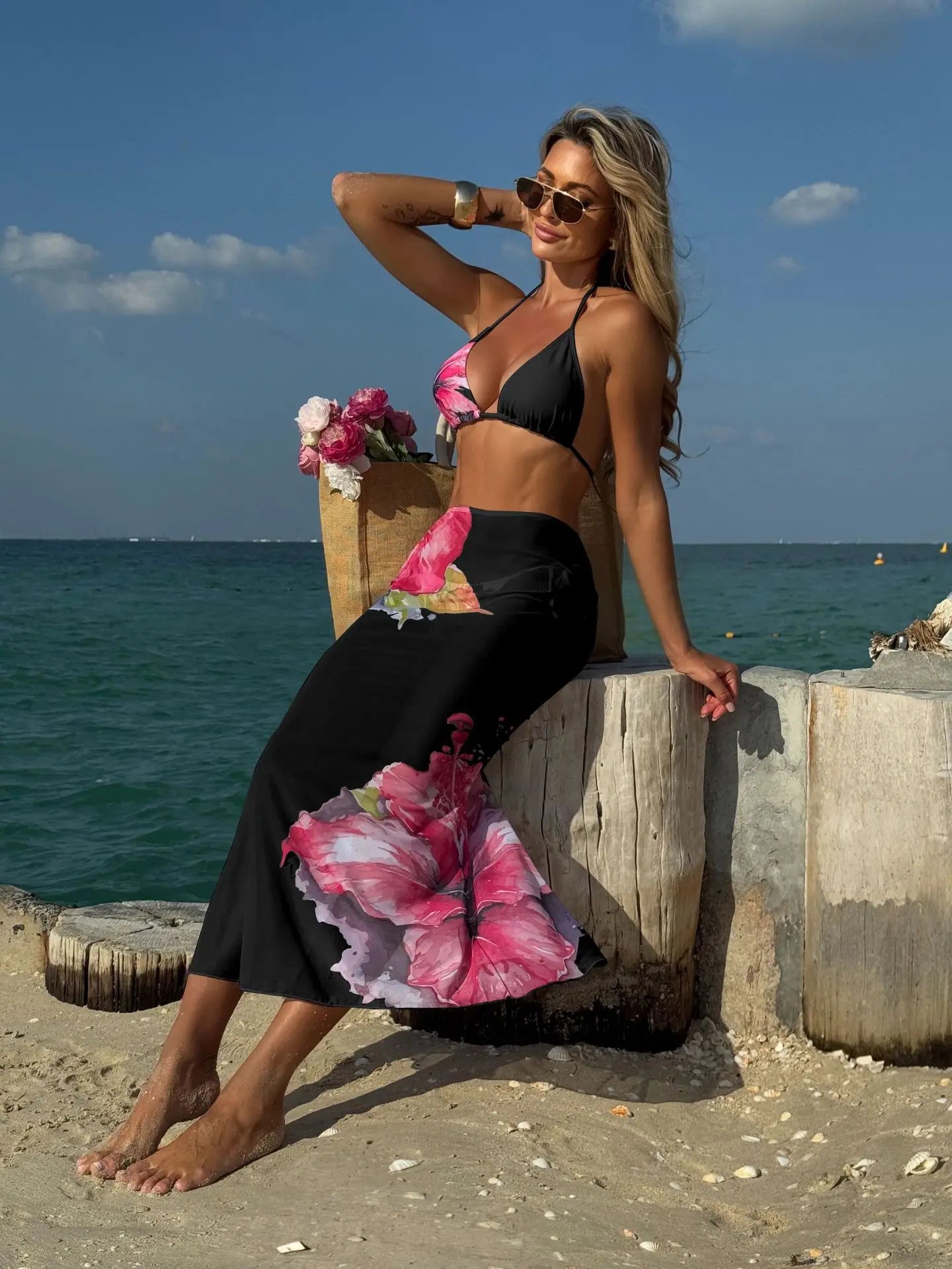 Sexy White Floral Print  Mesh Long Skirt 3 Piece Bikini