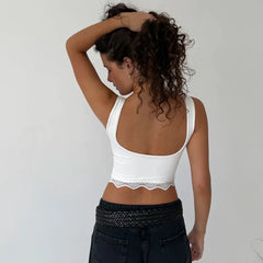 Solid Color Lace Trim Spaghetti Strap Crop Top