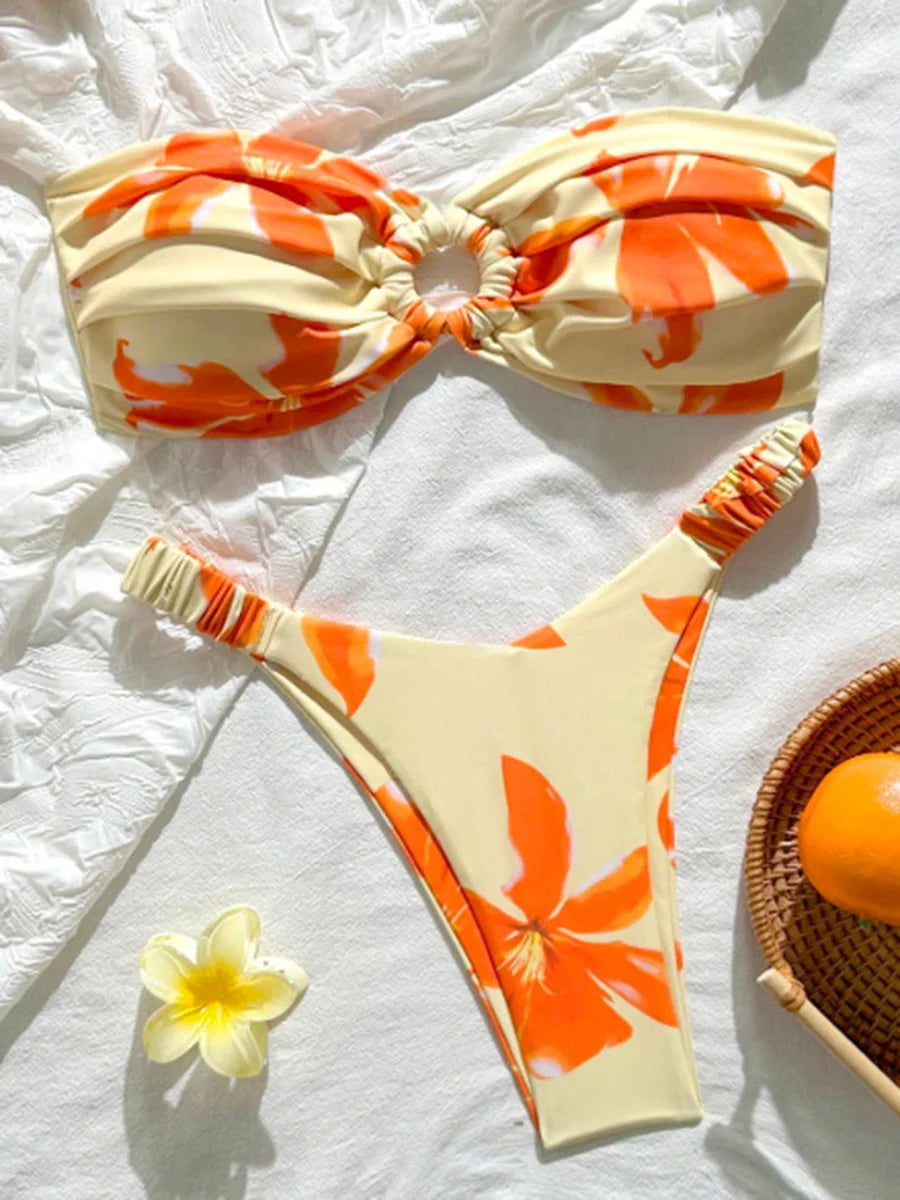 Floral Printed Wrinkled Bandeau Bikini