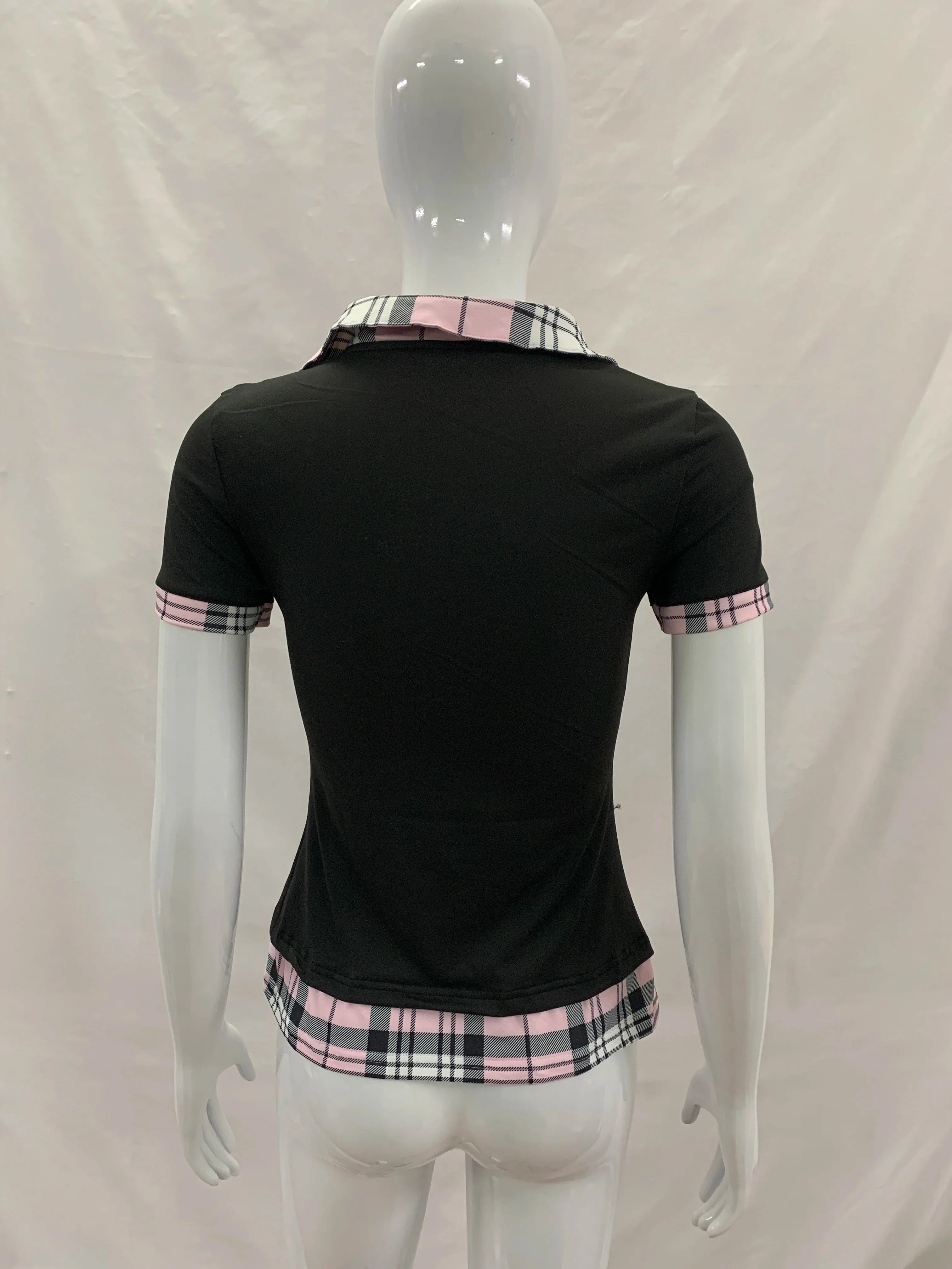Lapel Fake Two Piece Short Sleeve Tee Slim Cropped Ruched Button Top