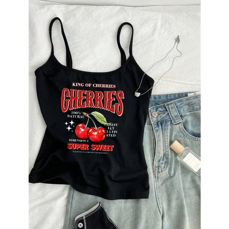 Women's Casual Cherry Print Black Cropped Camisole Top