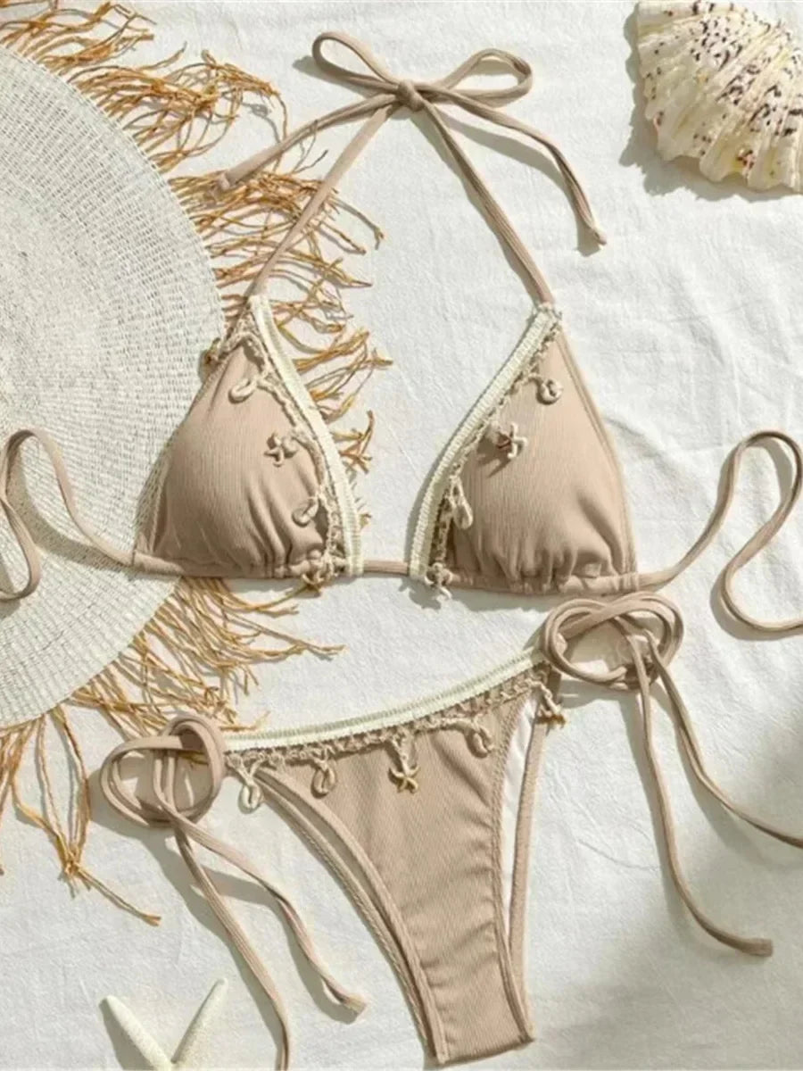 Shell Decoration Ribbed Halter Strappy Bikini