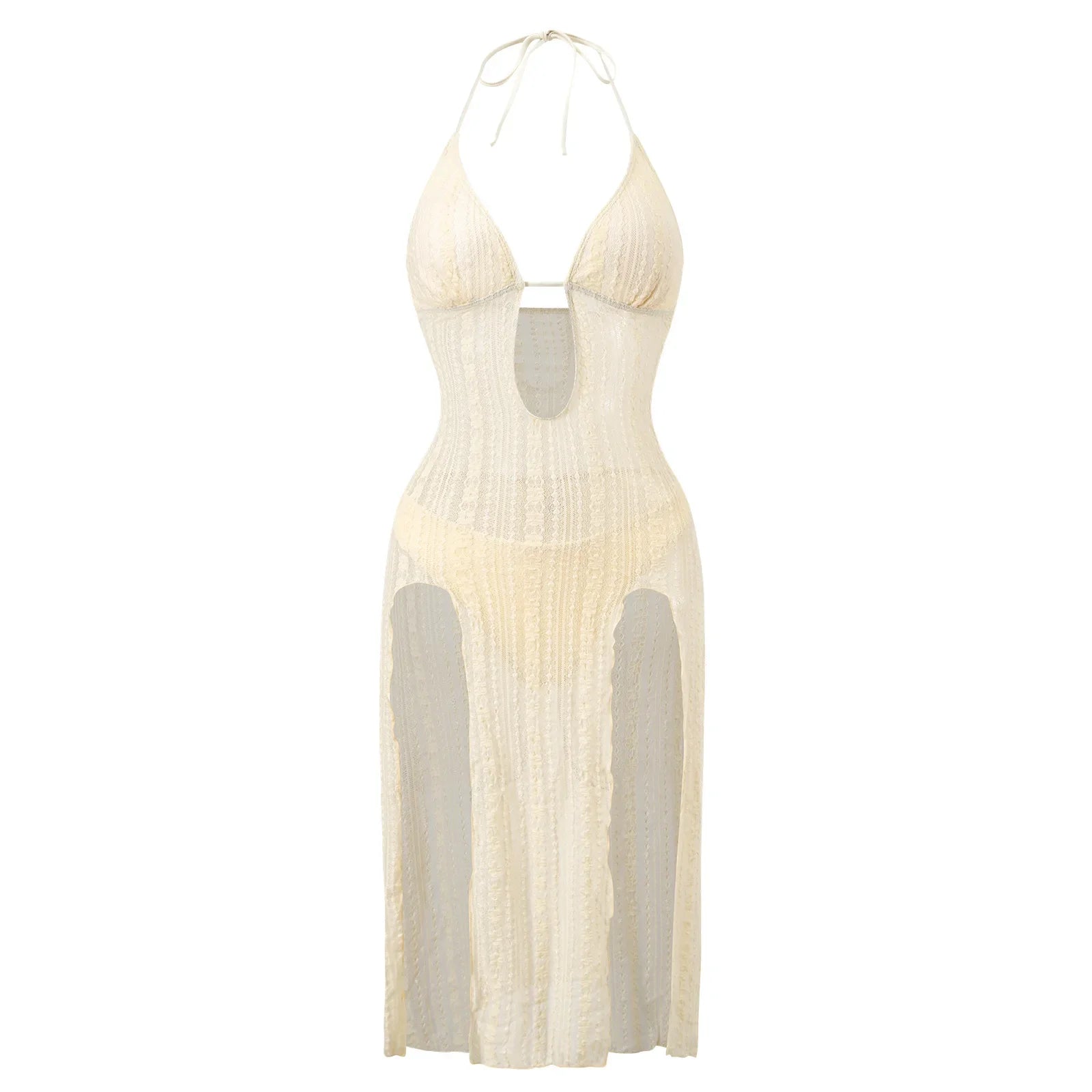 Sexy Holiday Swimwear Women Beige Hollow Out Mesh Push Up Dress High Waist Swimsuit