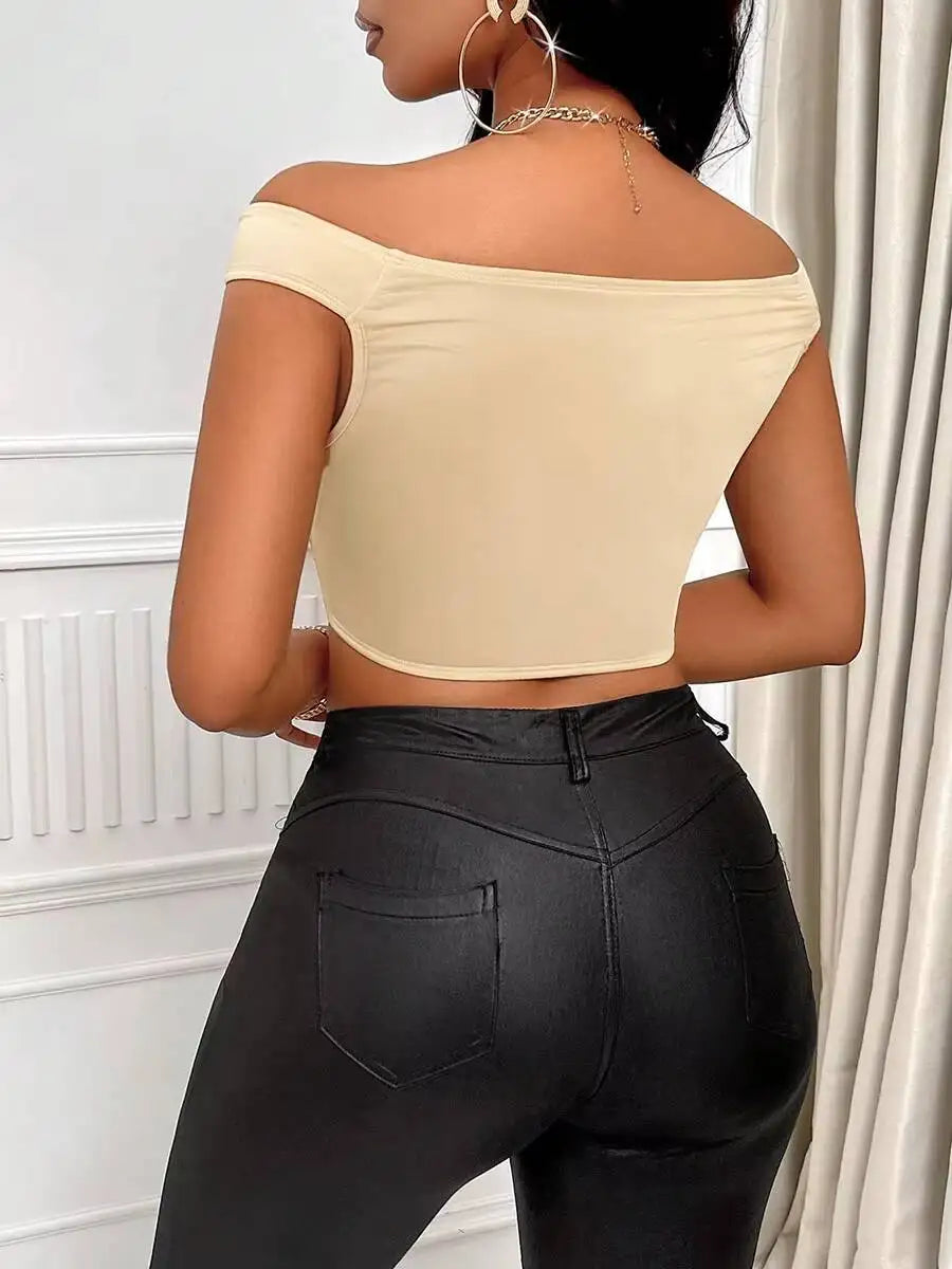 Beige Off Shoulder Side Cutout Crop Top