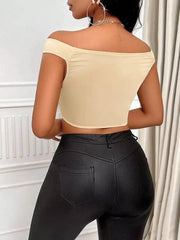Beige Off Shoulder Side Cutout Crop Top