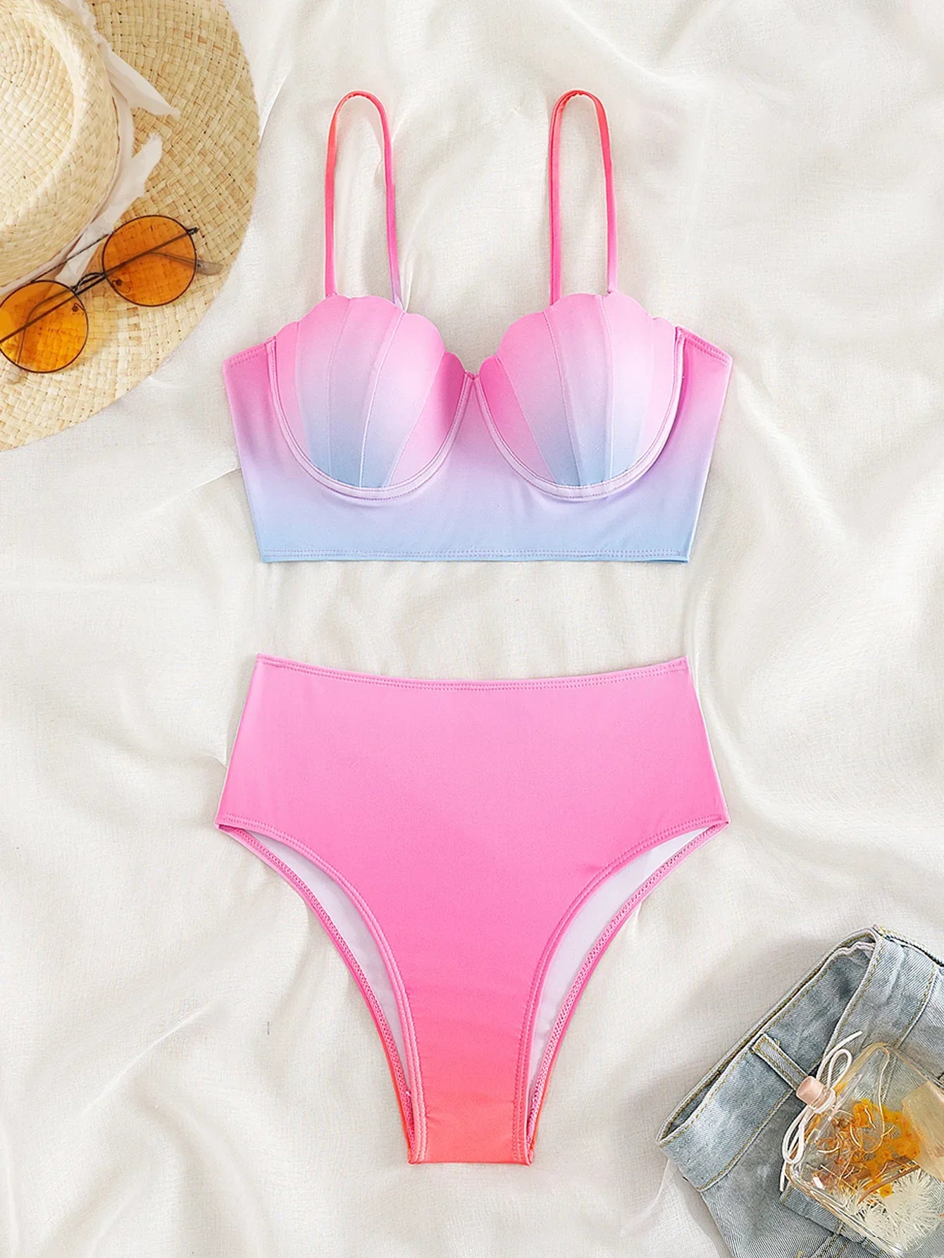 Sexy Pink Tie Dye Gradient Bikini Set