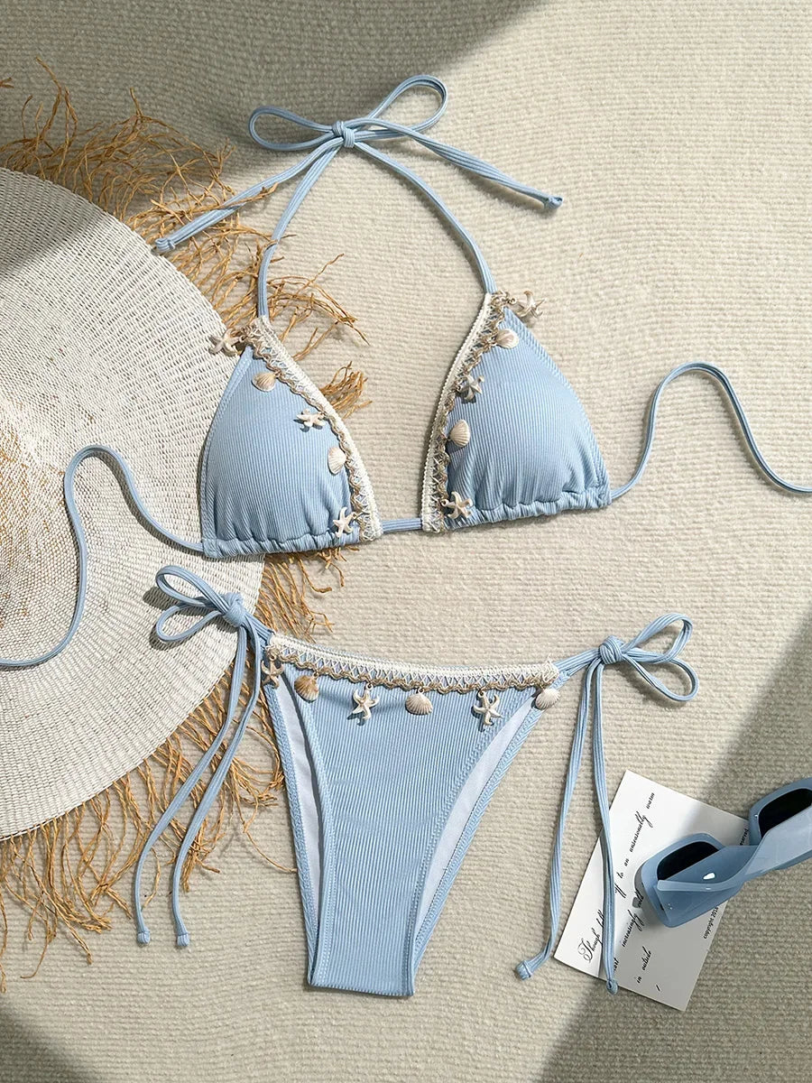 Shell Decoration Halter String Strappy Bikini