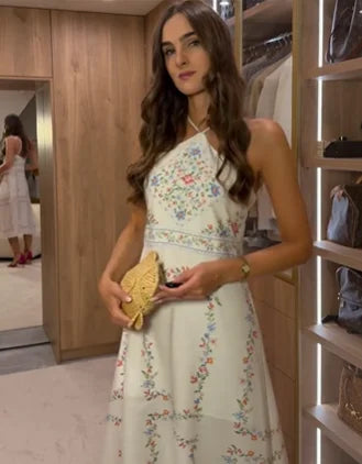White Linen Halter Cross Back Strap Long Dress
