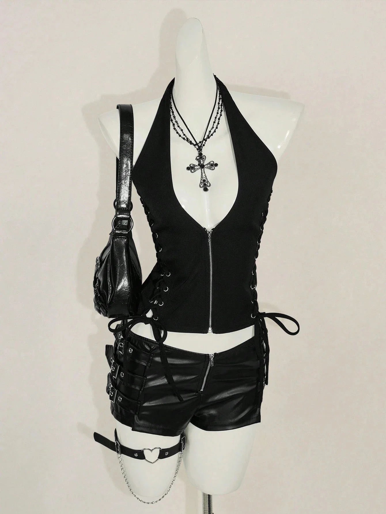 Gothic Zippered Front Opening Slim Fit Side Tie-Strap Backless Crop Top
