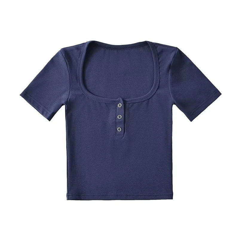 Button Front Short Sleeved Crop T-shirt