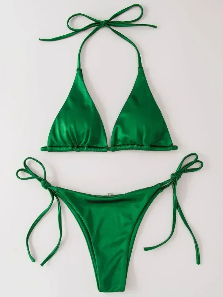 Wrap Around Halter Metallic Satin Bikini