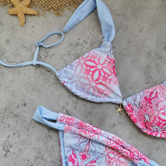 Sexy Sky Blue Floral Print Bikini Set
