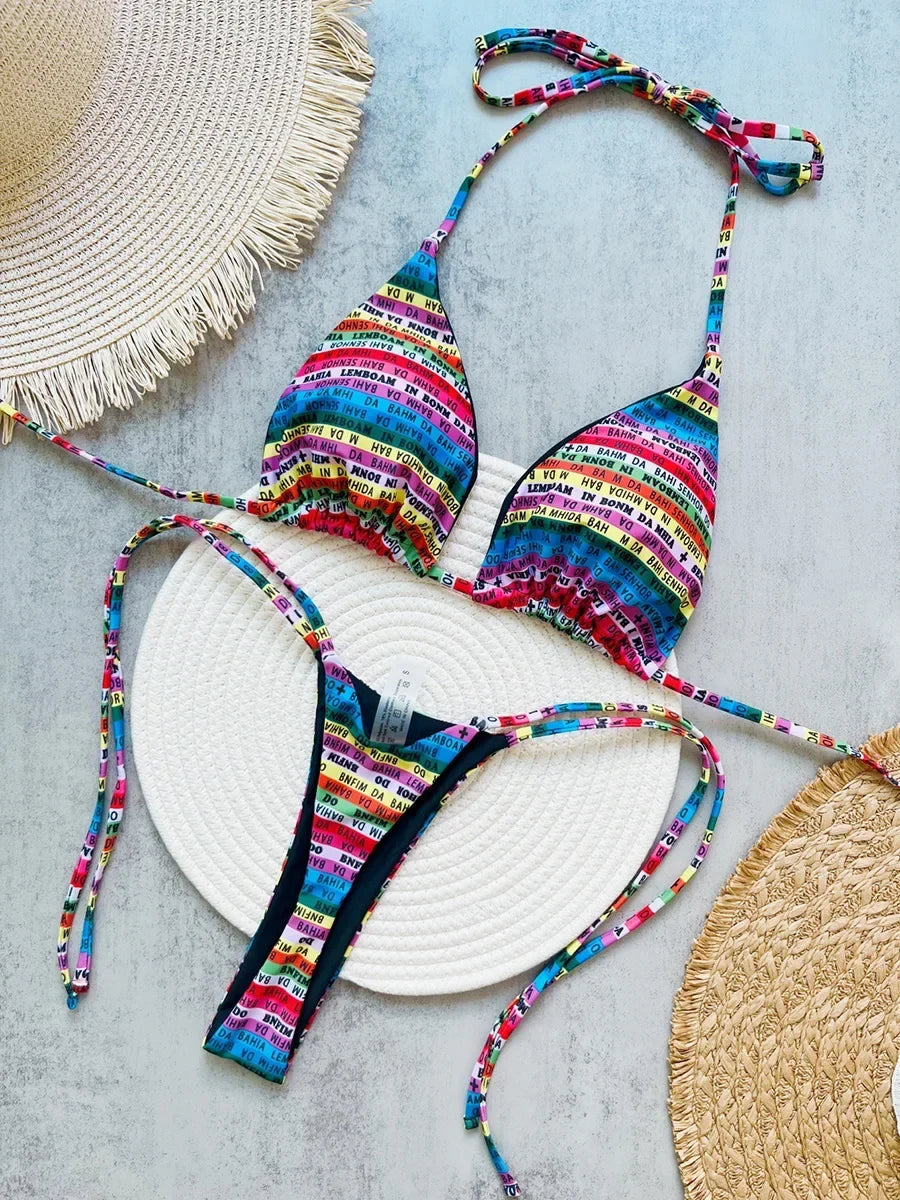 Letters Print Colorful Micro Mini Thong Bikini