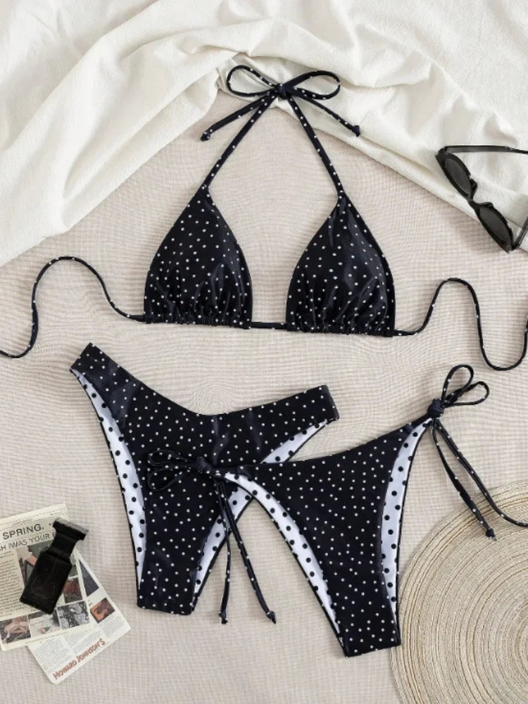 Sexy Black Polka Dot Print 3 Piece Bikini Set