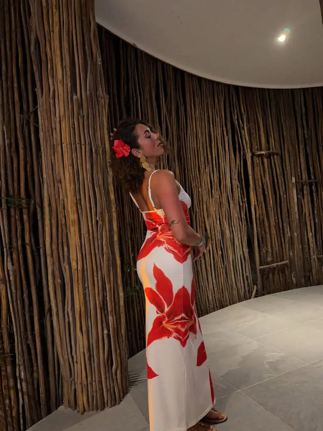 White Red Hibiscus Floral Print Spaghetti Strap Midi Dress