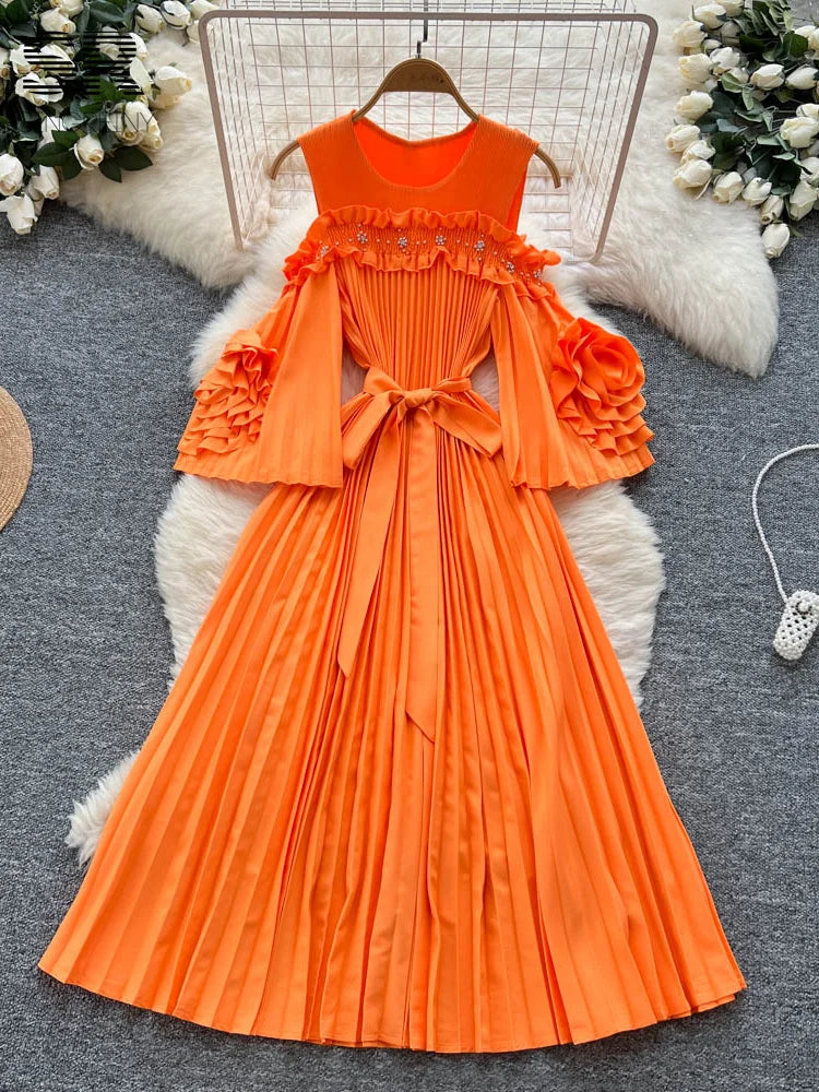 Elegant Beading Pleated Gown Female Bow Collar Flare Sleeves Hollow Out High Quality Autumn 3D Floral Maxi Party Dress